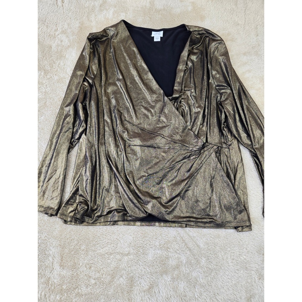 Jaclyn Smith Gold Metallic Faux Wrap Long Sleeve V‎ Neck Blouse Top Plus Size